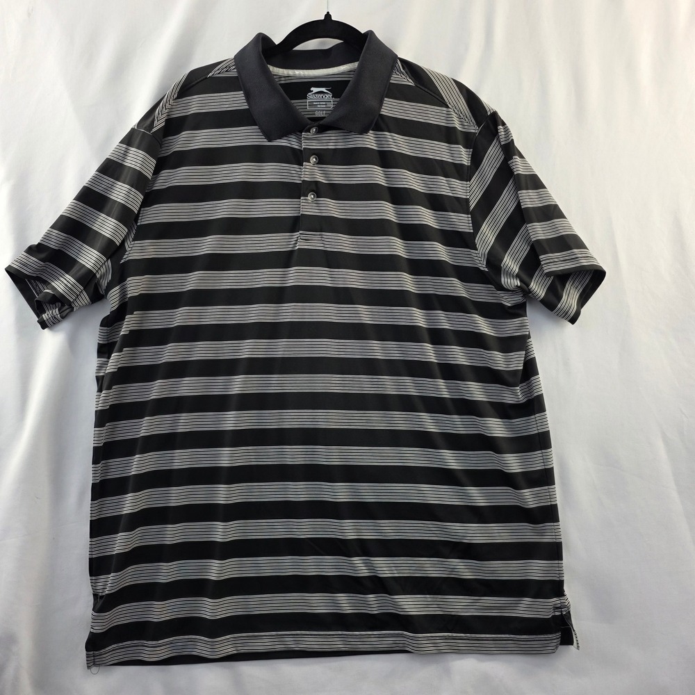 Slazenger Golf Mens XXL Black Grey Striped Short Sleeve Performance Polo Shirt